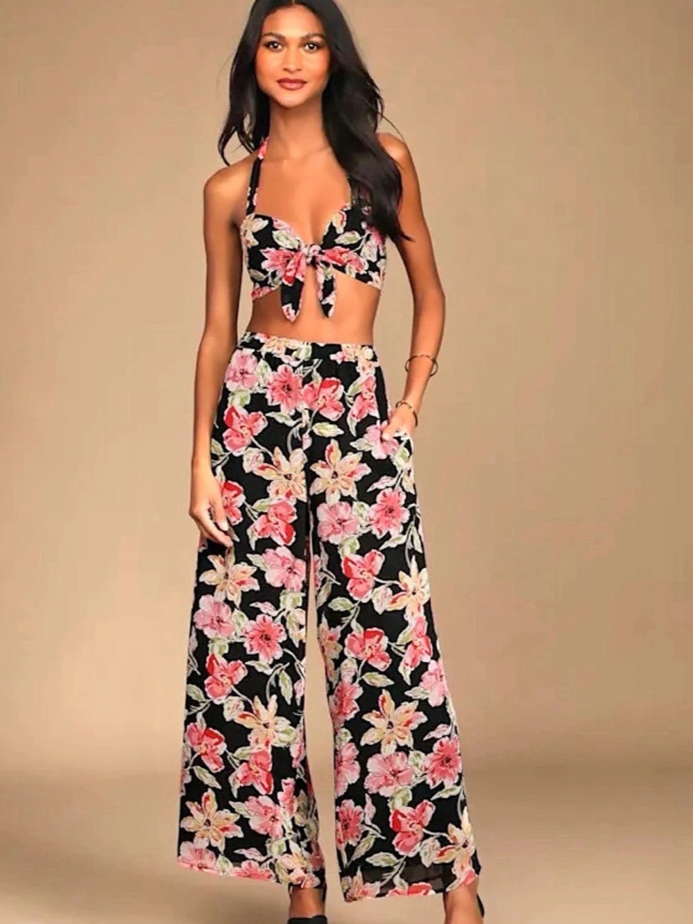 Lulus Tropical Travels Black Floral Print Tie-Front Two-Piece Jumpsuit
